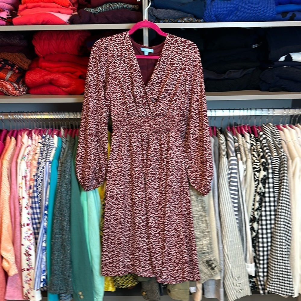 Draper James burgundy and pink print long sleeve v neck midi dress size S